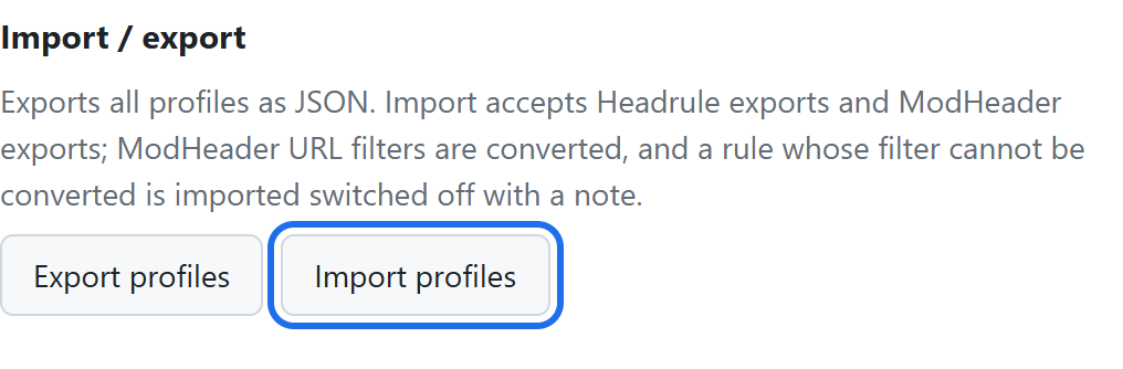 Headrule Options page, Import / export section, with the Import profiles button highlighted