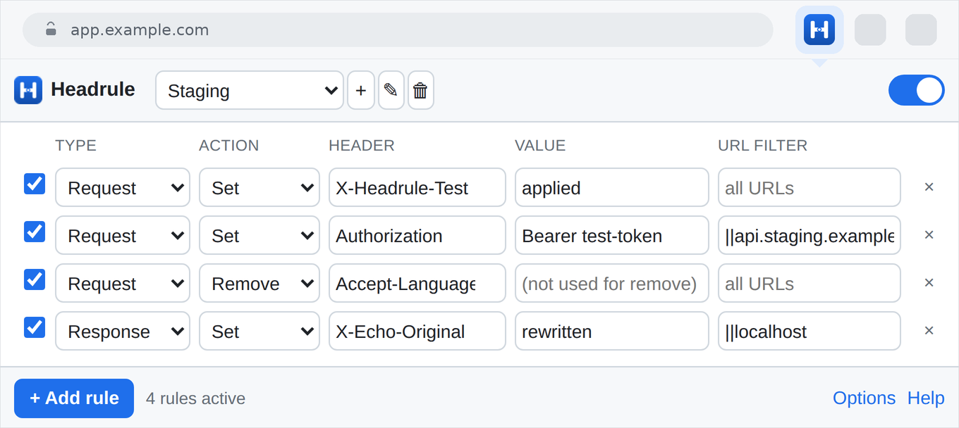 Headrule popup showing request and response header rules